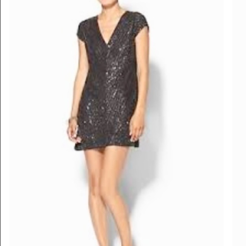 NWT Karina Grimaldi Bead Embellished Metallic Silver Short Sleeve Mini Dress
